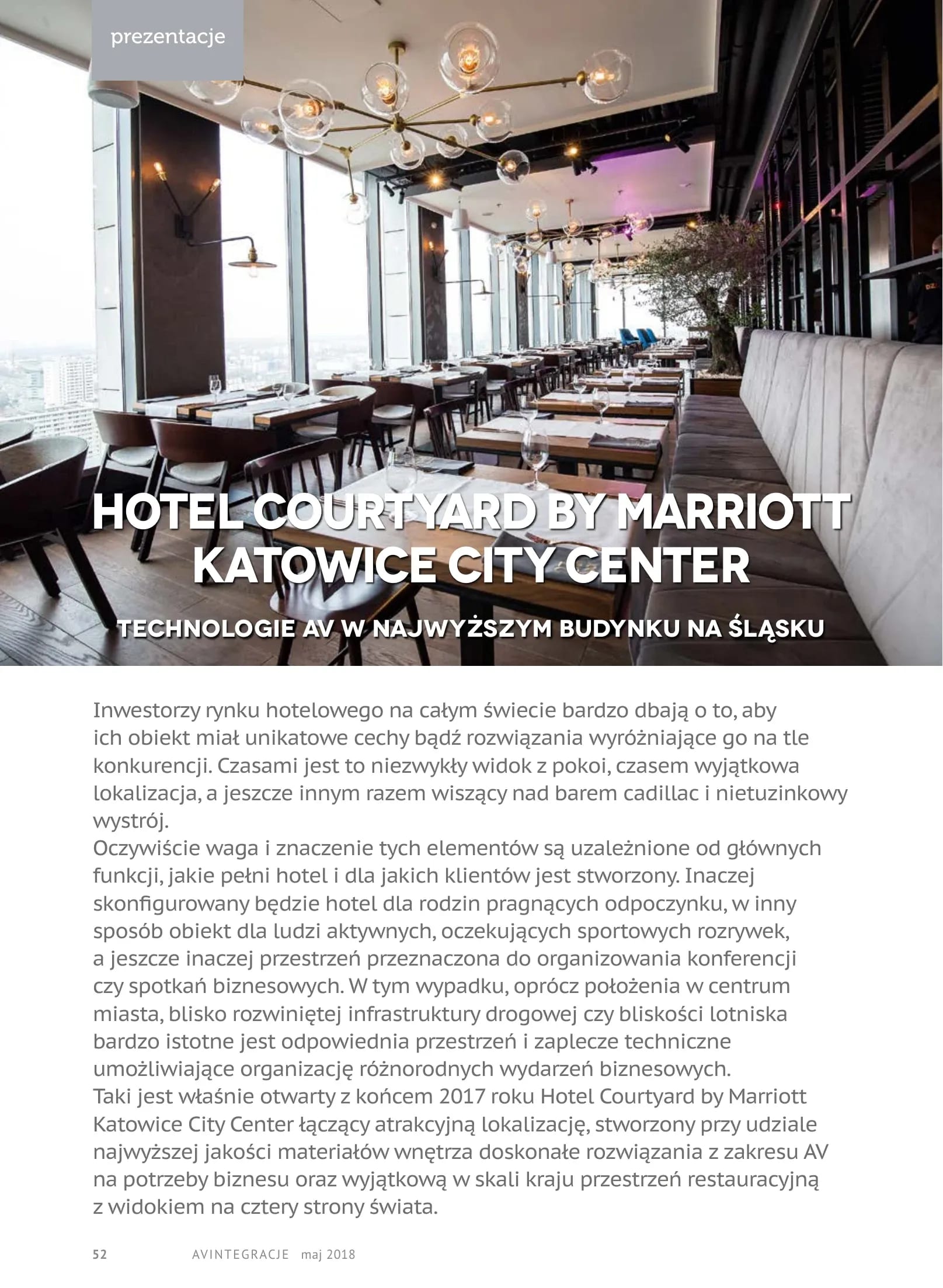AVIntegracje magazine article (May 2018) on AV technology at Courtyard by Marriott Katowice City Center – page 52