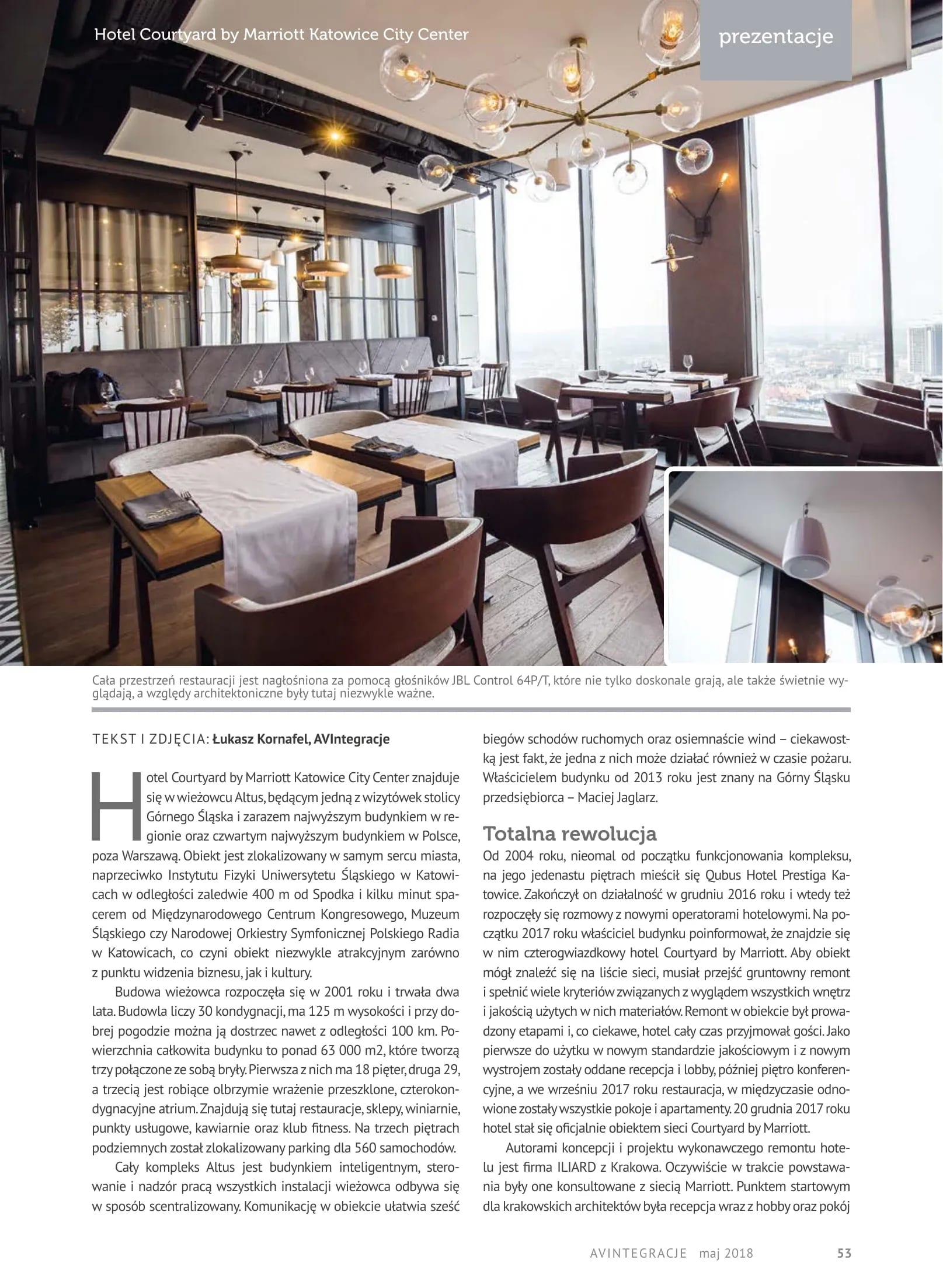 AVIntegracje magazine article (May 2018) on AV technology at Courtyard by Marriott Katowice City Center – page 53