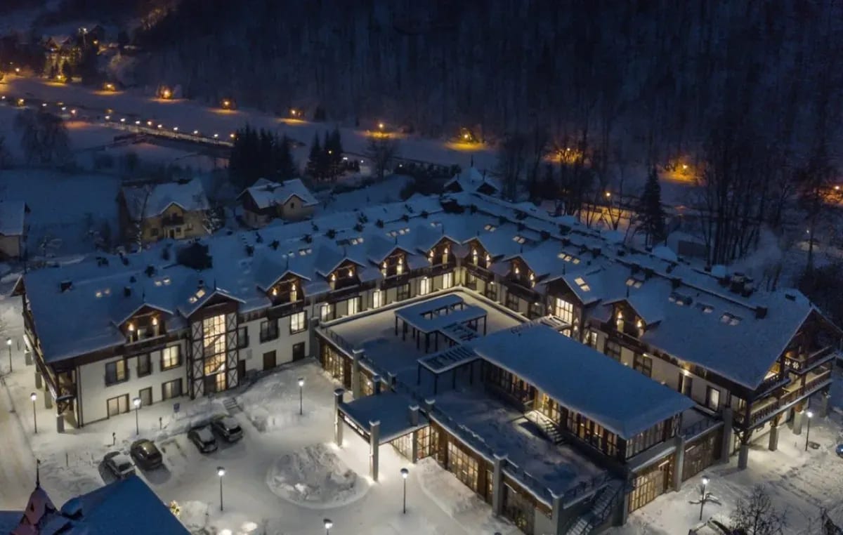 Hotel complex in winter – aerial view