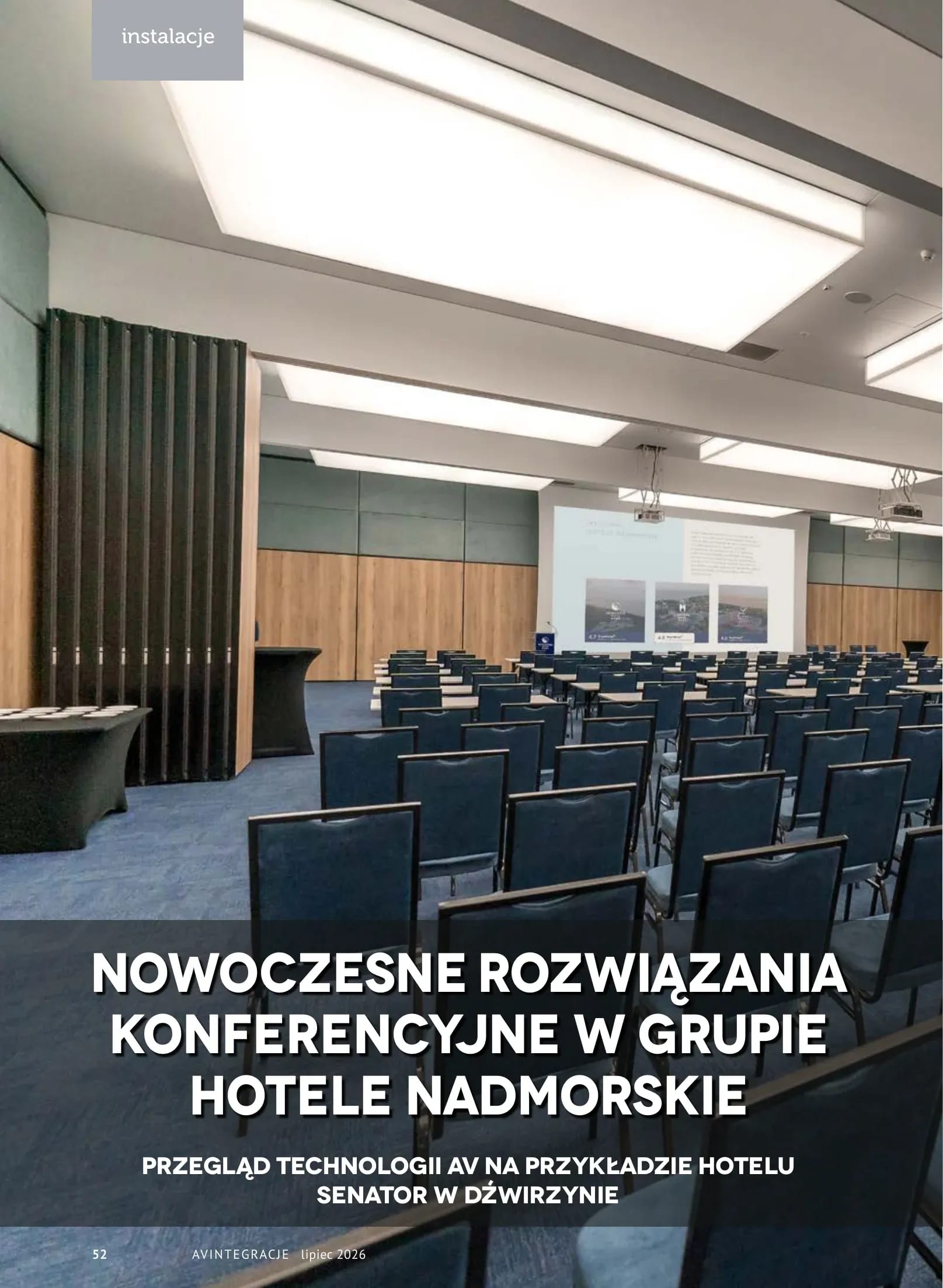 AVIntegracje magazine article (July 2026) on AV systems at Hotel Senator, Hotele Nadmorskie group – page 52