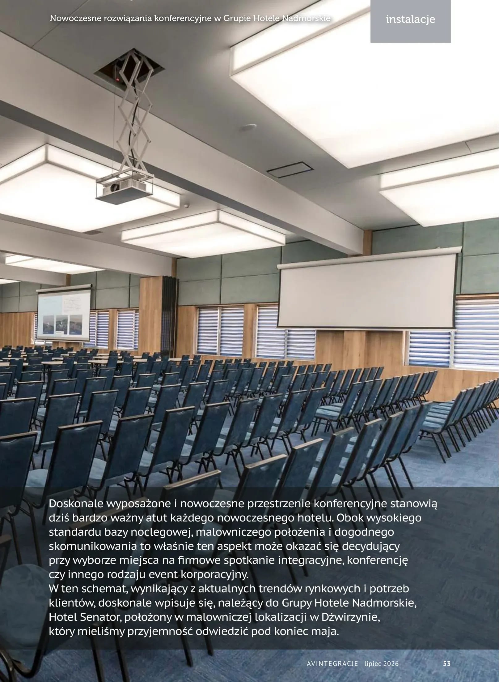 AVIntegracje magazine article (July 2026) on AV systems at Hotel Senator, Hotele Nadmorskie group – page 53