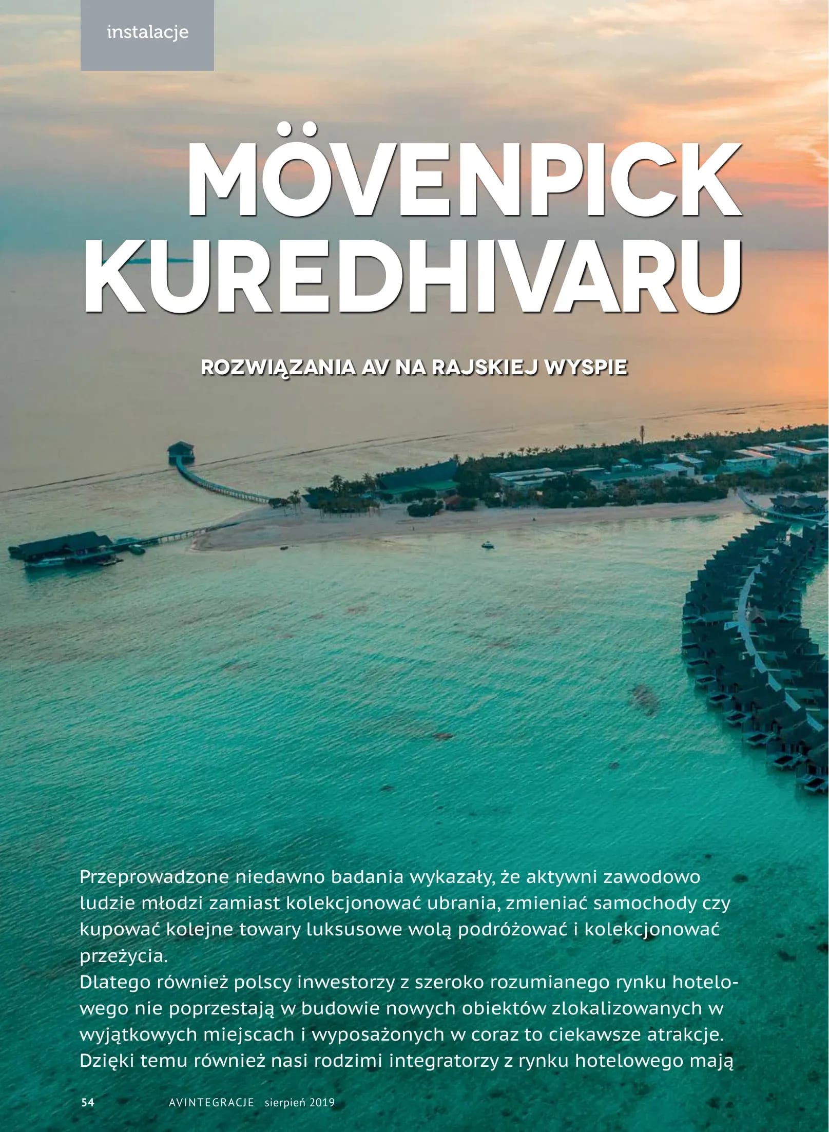 AVIntegracje magazine article (August 2019) on AV installations at Mövenpick Resort Kuredhivaru, Maldives – page 54
