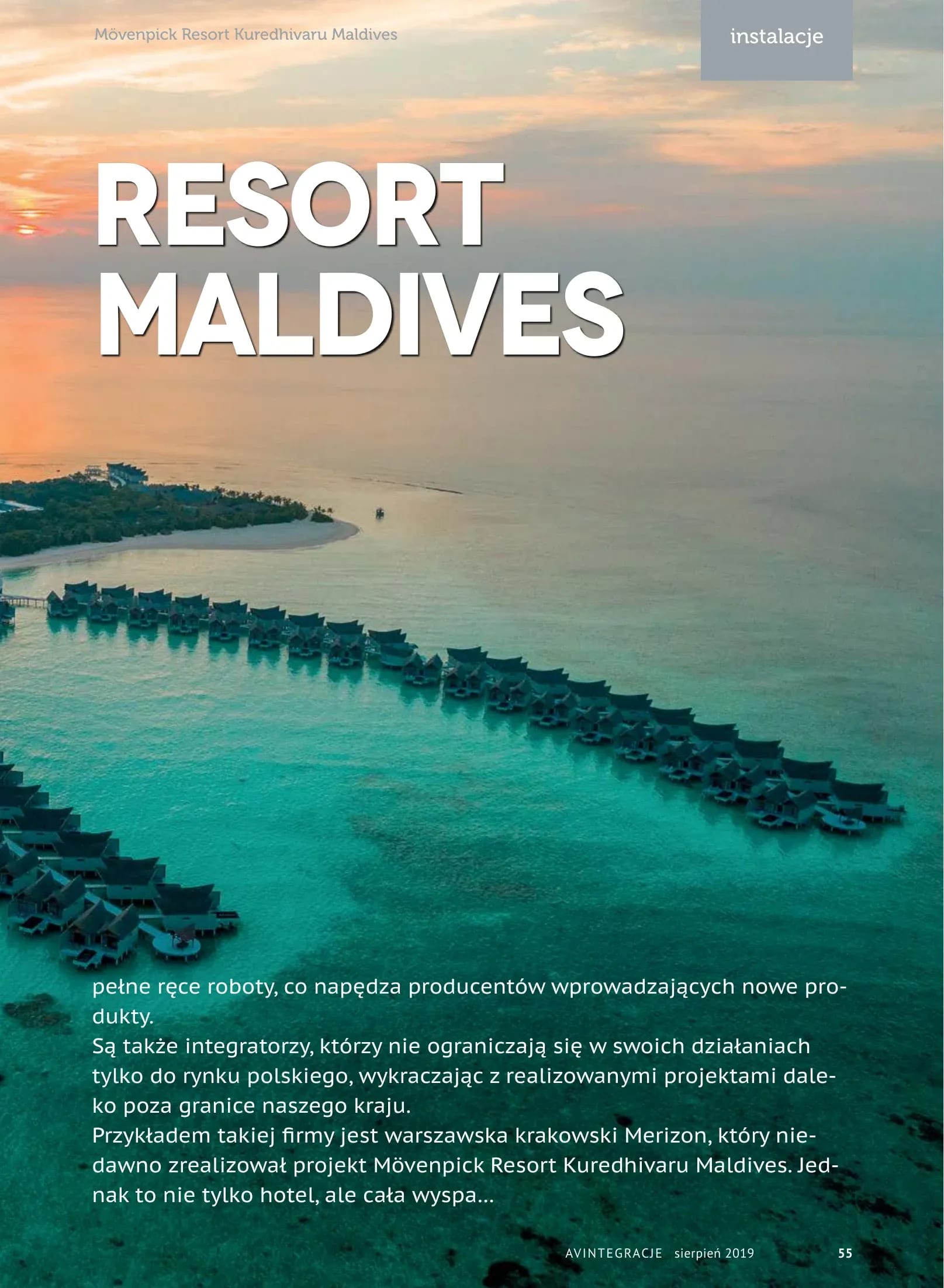 AVIntegracje magazine article (August 2019) on AV installations at Mövenpick Resort Kuredhivaru, Maldives – page 55